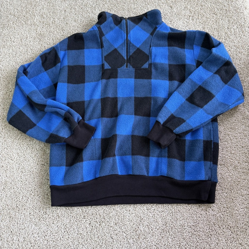Vintage Le Tigre Sweatshirt Mens L Blue Buffalo Plaid Fleece 1/4 Zip Pullover